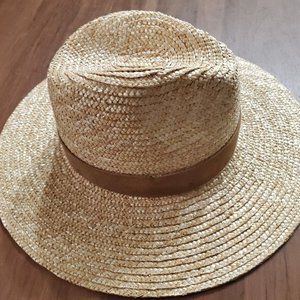 GIGI PIP Isla Straw Fedora Hat Wide Brim Natural Brown Suede One Size
